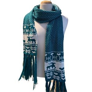 Green & White Reindeer Scarf Is 12 X 75” without the 8 inch Fringe